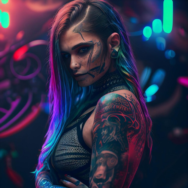 Retrato de mulher cyberpunk em estilo neon futurista