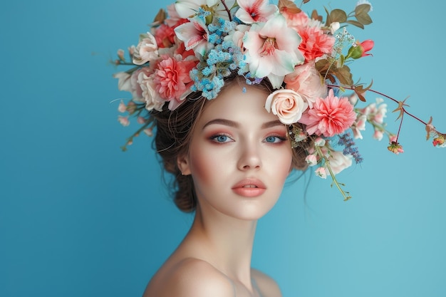 Retrato de mulher de beleza com coroa de flores na cabeça fundo azul