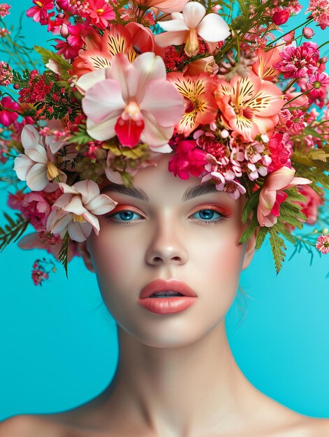 Retrato de mulher de beleza com coroa de flores na cabeça fundo azul