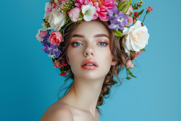 Retrato de mulher de beleza com coroa de flores na cabeça fundo azul