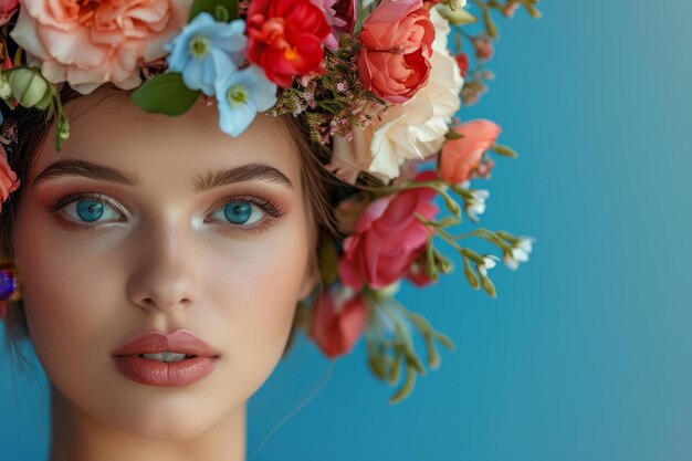 Retrato de mulher de beleza com coroa de flores na cabeça fundo azul