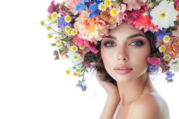 Retrato de mulher de beleza com coroa de flores na cabeça sobre fundo branco