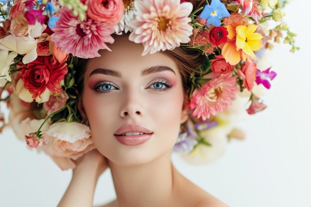 Retrato de mulher de beleza com coroa de flores na cabeça sobre fundo branco