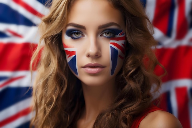 Retrato de mulher de beleza com o rosto pintado nas cores da bandeira britânica unida
