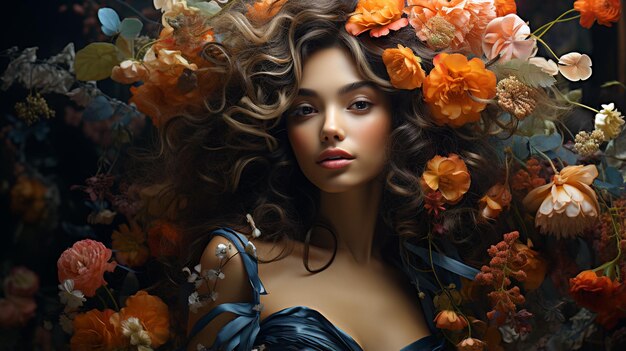 retrato de mulher de beleza em flores rosto de menina de beleza