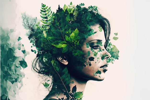 Retrato de mulher de dupla exposição com folhagem verde folha