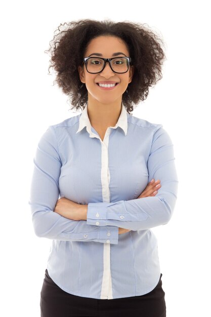 Retrato de mulher de negócios americano africano isolado no fundo branco