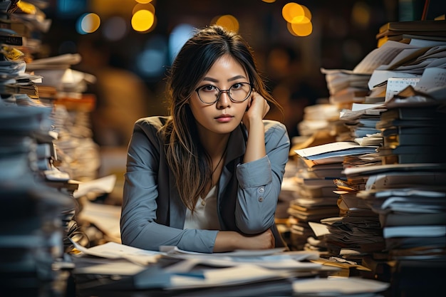 Retrato de mulher de negócios asiática sentada e trabalhando duro na frente do computador e muitos documentos na mesa no local de trabalho no final com ação séria trabalho duro e conceito tarde demais