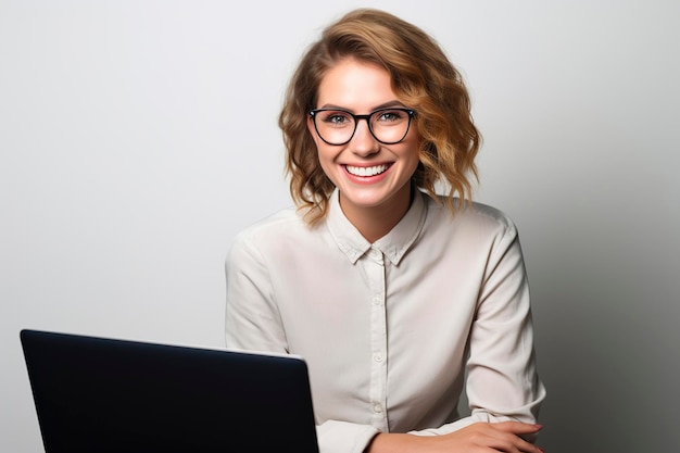 Retrato de mulher de negócios usando laptop