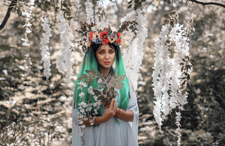 Foto retrato de mulher de pé junto a plantas de flores