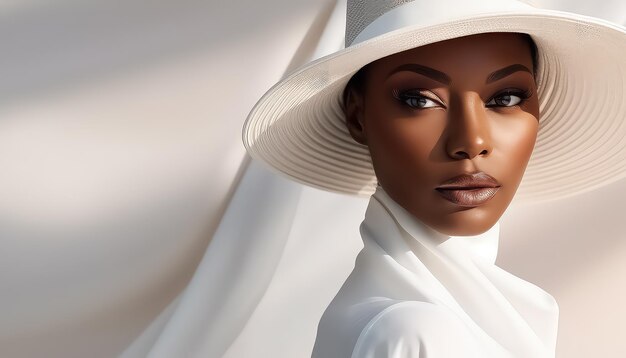 Retrato de mulher de pele escura com chapéu e vestido branco