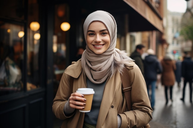 Retrato de mulher de raça mista vestindo hijab fora e sobre a cidade de pé na rua segurando