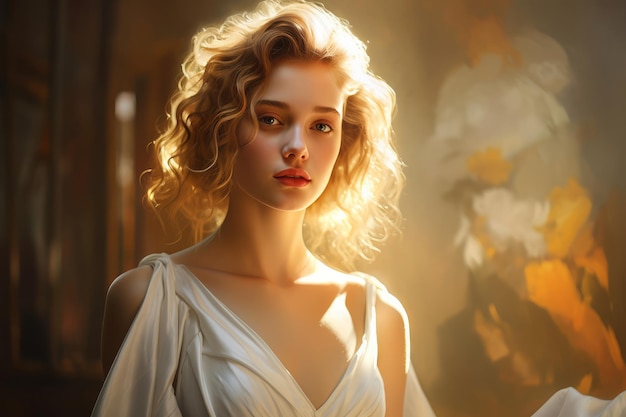 retrato de mulher de vestido branco no estilo da luz dourada nikon d850 rostos serenos uhd imagem