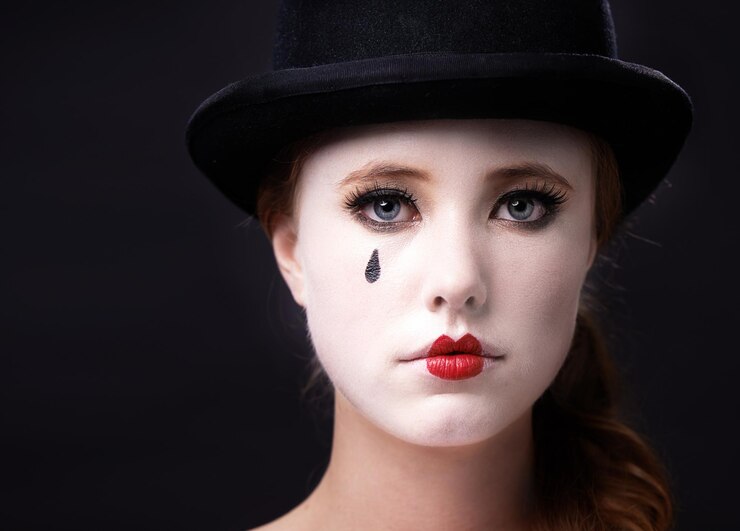 Foto retrato de mulher e artista de circo em estúdio em fundo branco com maquiagem criativa para artista de entretenimento e mimo cara de pessoa feminina e carreira com chapéu para desempenho ou ensaio