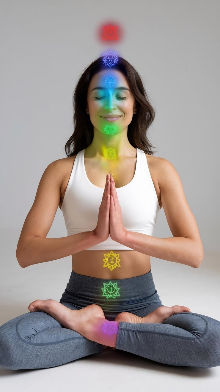 Foto retrato de mulher e chakra para meditação em estúdio de treinamento de fitness de exercício de ioga e poço zen