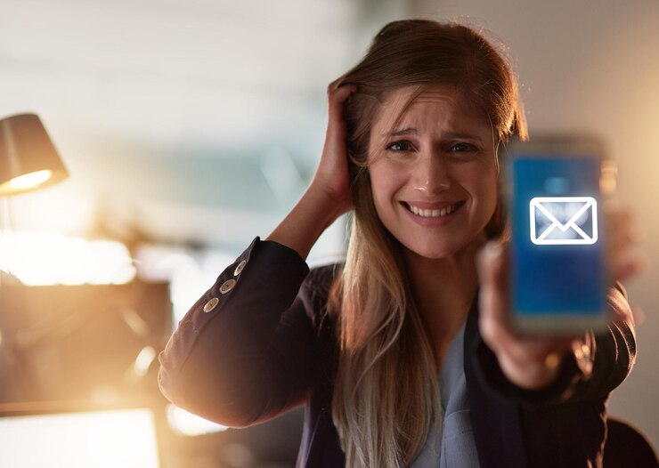 Foto retrato de mulher e ecrã de smartphone com notificação para mídia social e-mail ou mensageiro e comunicação pessoa feminina tecnologia móvel e preocupação com a rede on-line e fórum de internet