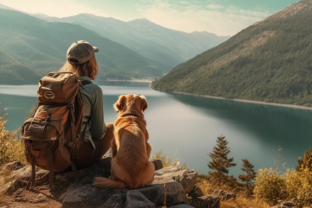 Retrato de mulher e seu cachorro curtindo caminhadas AI Generative