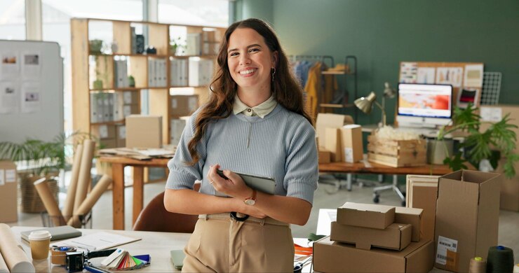 Foto retrato de mulher e tablet para e-commerce pequenas empresas compras on-line e aplicativo para serviço de logística empresária garota de tecnologia e site de dropshipping para distribuição de correio e exportação startup