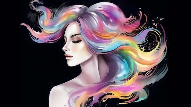 Retrato de mulher elegante com cabelo multicolorido acenando pintura em aquarela ilustração de moda para banner Generative Ai Romântico elegante jovem feminino abstrato penteado colorido salão de beleza publicidade