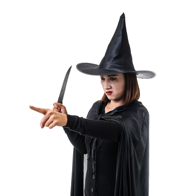 Retrato, de, mulher, em, pretas assustador, bruxa, dia das bruxas traje, ficar, com, chapéu