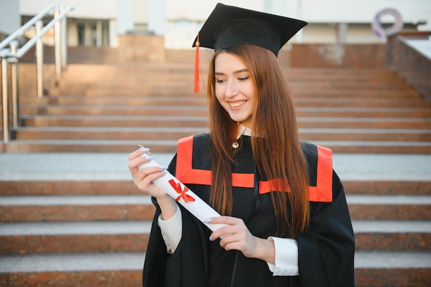 Retrato de mulher em seu dia de formatura, graduação em educação universitária e conceito de pessoas