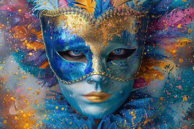 Retrato de mulher em traje e máscara de carnaval entre pontos pintados