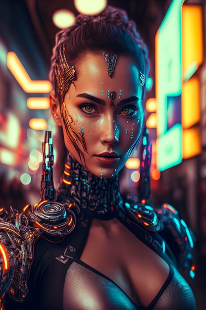 Retrato de mulher em uma cidade futurista populosa cheia de luzes de néon ela é uma ciborgue meio robô meio mulher