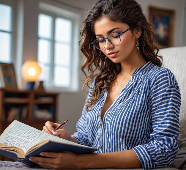 retrato de mulher escritório em casa uma mulher sentada em um sofá lendo um livro