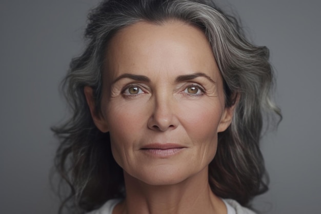 Foto retrato de mulher europeia de meia-idade com cabelo de comprimento médio e rugas em espaço de cópia