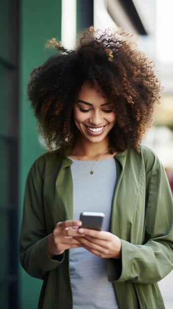 Foto retrato de mulher feliz com cabelos encaracolados segurando um telefone celular