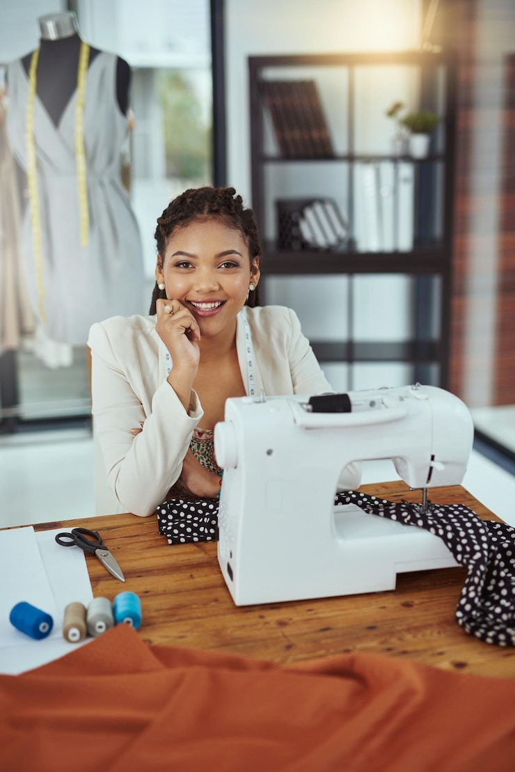 Foto retrato de mulher feliz e designer de moda com máquina de costura para produção de roupas ou fabricação de roupas em oficina costureira ou alfaiate com sorriso para tecido feito à mão