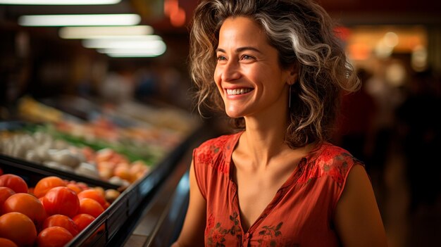 Foto retrato de mulher feliz no supermercado