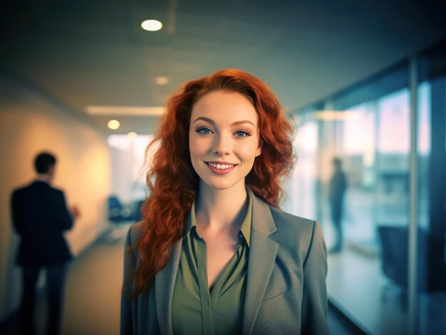 Retrato de mulher feliz sorrindo em pé no espaço de escritório moderno