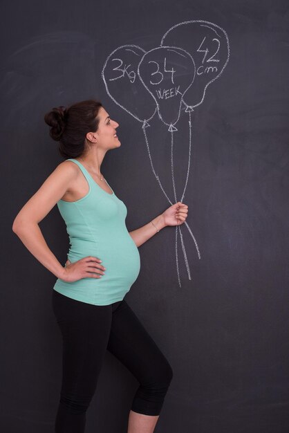Retrato de mulher grávida feliz com as mãos na barriga na frente de um quadro preto