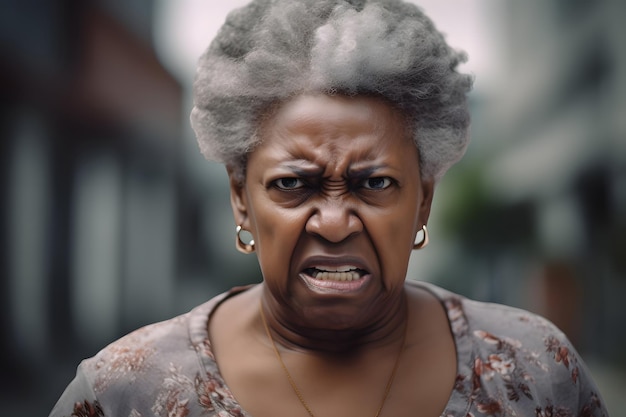 Retrato de mulher idosa afro-americana com raiva Rede neural gerada em maio de 2023 Não é baseado em nenhuma cena ou padrão de pessoa real