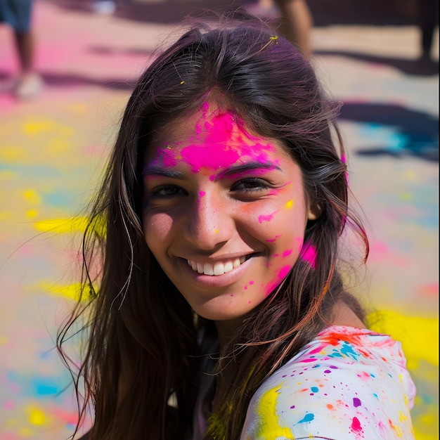 Retrato de mulher indiana com rosto de pó colorido e celebrando uma feliz festa de Holi