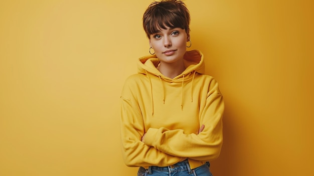 Retrato de mulher jovem com cabelo curto em capuz amarelo Fundo amarelo Fotografia de estúdio