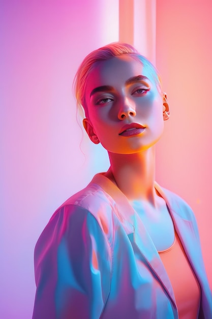 retrato de mulher jovem com luz de néon rosa retrato de mulher jovem com luz de néon rosa retrato o