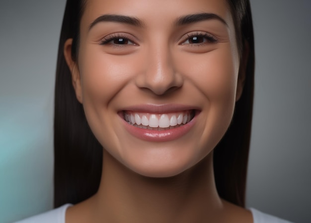 Retrato de mulher linda com sorriso perfeito Sorriso de folheado feminino Cuidados dentários e estomatologia