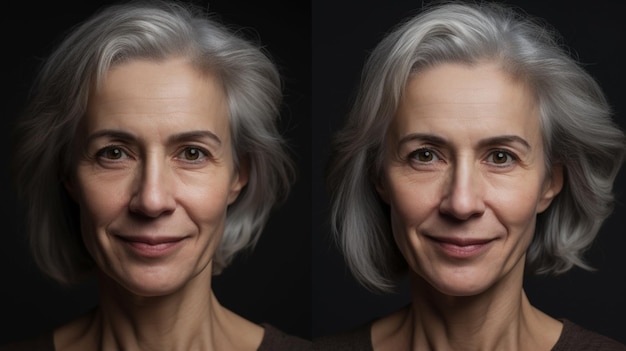 Retrato de mulher madura antes e depois retocado