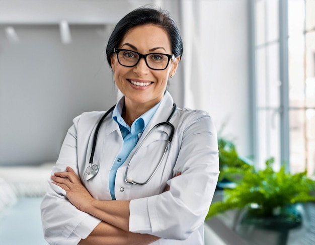 Foto retrato de mulher madura braços cruzados médico com óculos