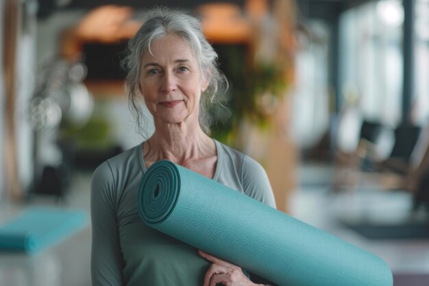 Foto retrato de mulher madura com tapete de ioga enquanto está de pé no estúdio de fitness