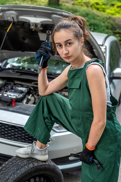 Retrato de mulher mecânica perto de carro quebrado no serviço do lado da estrada