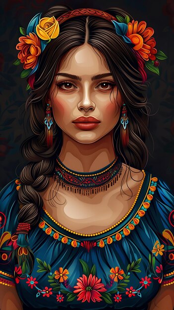 Retrato de mulher mexicana vestindo um Huipil tradicional Blusa uma camiseta Design Art Tattoo Frames de tinta