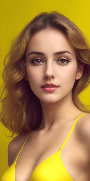retrato de mulher modelo vestindo biquíni amarelo contra fundo amarelo