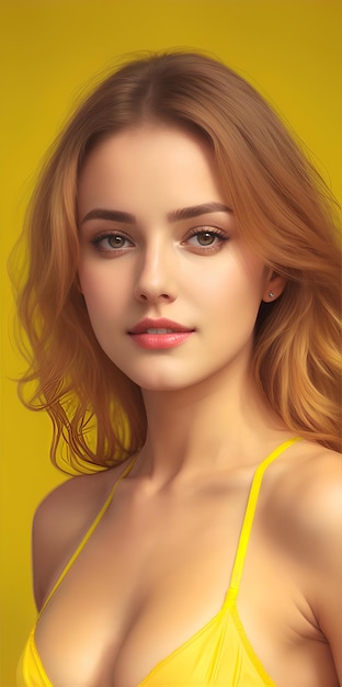 retrato de mulher modelo vestindo biquíni amarelo contra fundo amarelo