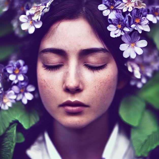 Retrato de mulher morena com olhos fechados e flores em renderização 3d de fundo