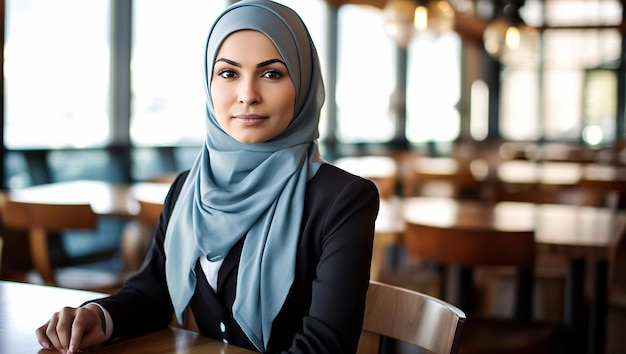 Retrato de mulher muçulmana bem-sucedida no escritório moderno retrato de empresária muçulmana usando hijab