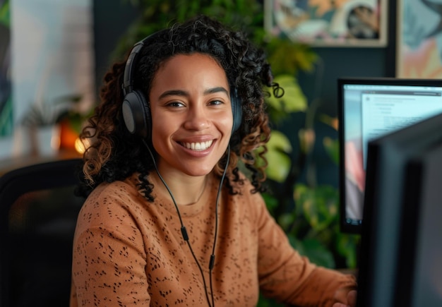 Retrato de mulher negra e fones de ouvido no computador para pesquisa como desenvolvedora de programadores ou codificação