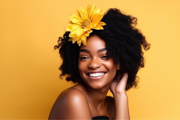 Retrato de mulher negra e sorriso com uma flor no cabelo em uma maquete de fundo de estúdio amarelo
